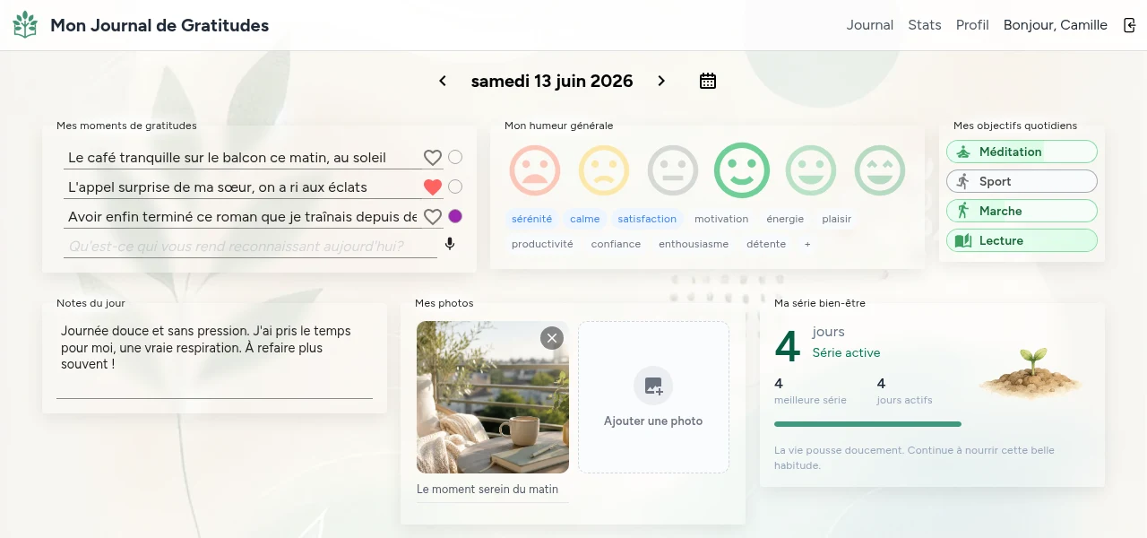 Aperçu de l’application Mon Journal de Gratitude : gratitudes du jour, humeur, objectifs et série bien-être